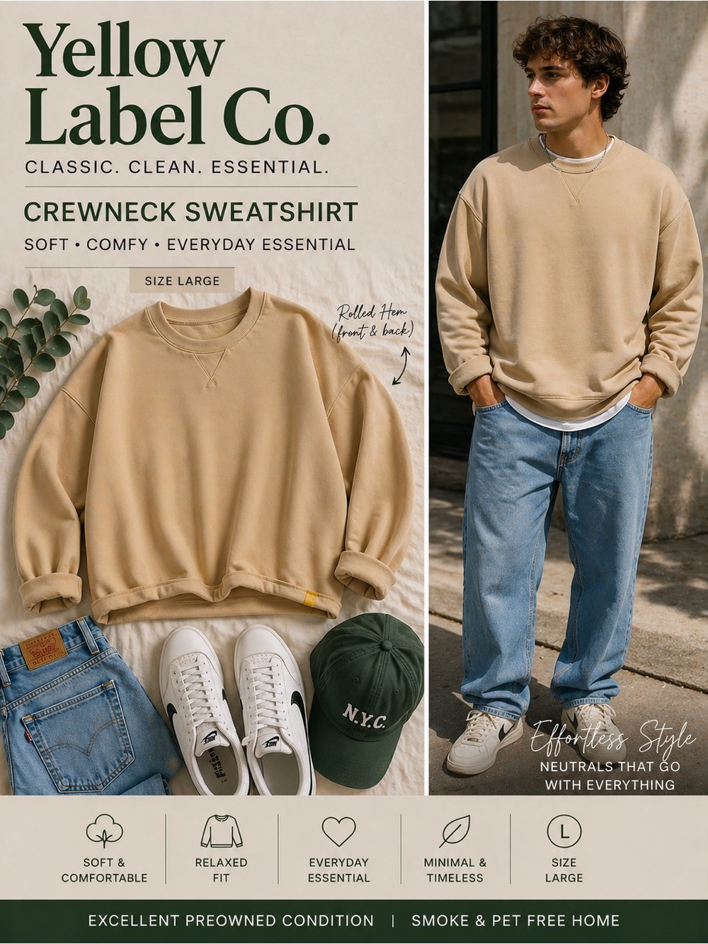 Yellow Label Co. Beige Crewneck Sweatshirt Size Large Relaxed Fit